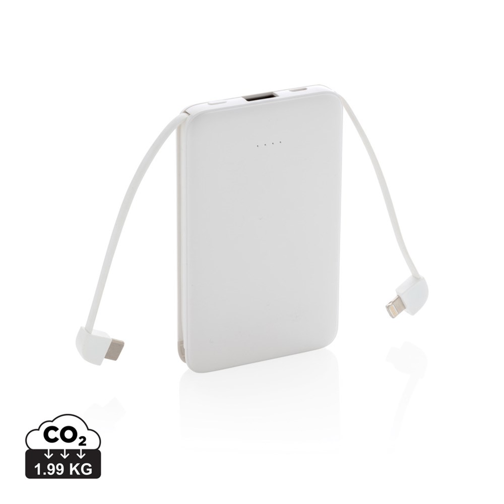 5.000 mAh zakformaat powerbank met geïntegreerde kabels